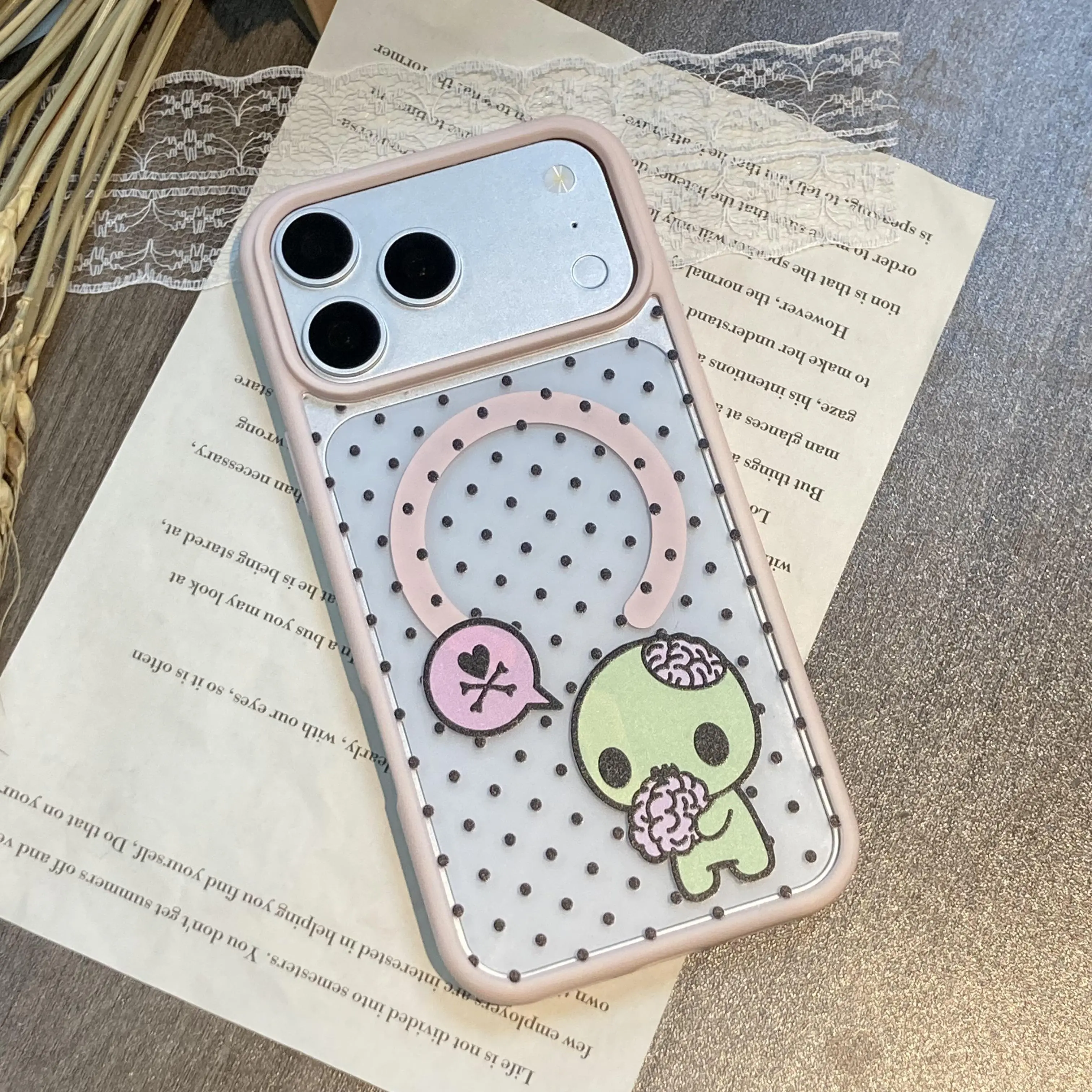 Y2k Kawaii Emo Zombie Phone Case, Pink Black Polka Dot Skull Pattern Protective Cover. Sleek Magnetic Clear Casing with lens protection. Compatible with iPhone 11-17 Pro Max & Samsung. Cute stylish aesthetic design, perfect gift ideas for her & him.