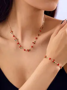 Vintage Cherry Necklace Bracelet Set, Adjustable Titanium Steel Choker, Fashionable Women's Jewelry for Summer