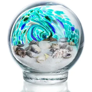 4'' Sea Globe Hand Blown Art Glass Decor Collectible Glass Decorative Balls with Natural Sea Shell and Sand, Lake Green