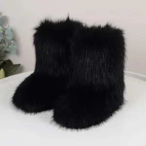 Women's Mid-Calf Faux Fur Boots Black Round Toe Flat Heel All Seasons Casual Platform Shoes EVA Sole Pu Girl Footwear