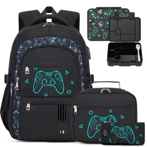 SIMILOVE Boys 4-in-1 Back to School Supplies Backpack Set - BPA-Free Bento Lunch Box (11.8*5.9*17.7in, 6 Leakproof Compartments, Removable Tray), Insulated Lunch Bag, Pencil Case, Utensils, 3 Front Pockets, USB Port, Laptop Gift for Boys