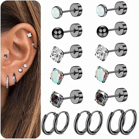 8Pairs Stainless Steel Earrings for Women Men Hypoallergenic Stud and Hoop Earrings for Sensitive Ears CZ Flat Back Earrings Stud 18G Stainless Steel Cartilage Earrings Small Flatback Earrings Set
