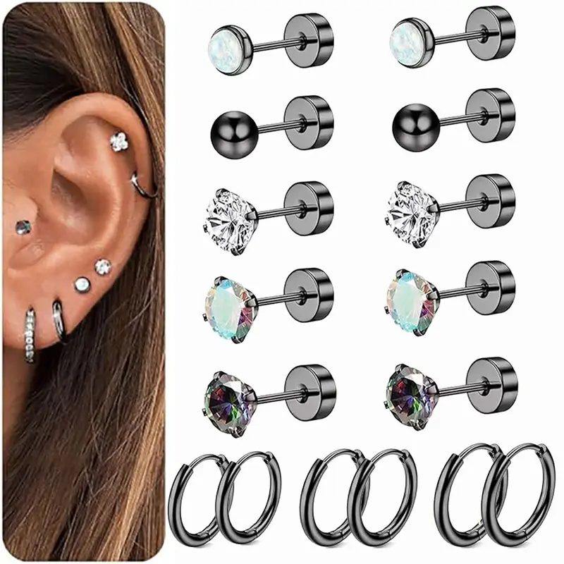 8Pairs Stainless Steel Earrings for Women Men Hypoallergenic Stud and Hoop Earrings for Sensitive Ears CZ Flat Back Earrings Stud 18G Stainless Steel Cartilage Earrings Small Flatback Earrings Set