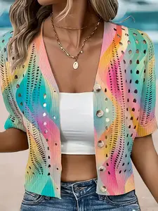 Women's Spring Summer Elegant Artistic Gradient Print Short Sleeve Button Knit Cardigan, Casual Breathable Fashion Top, Beach Vacation Wear