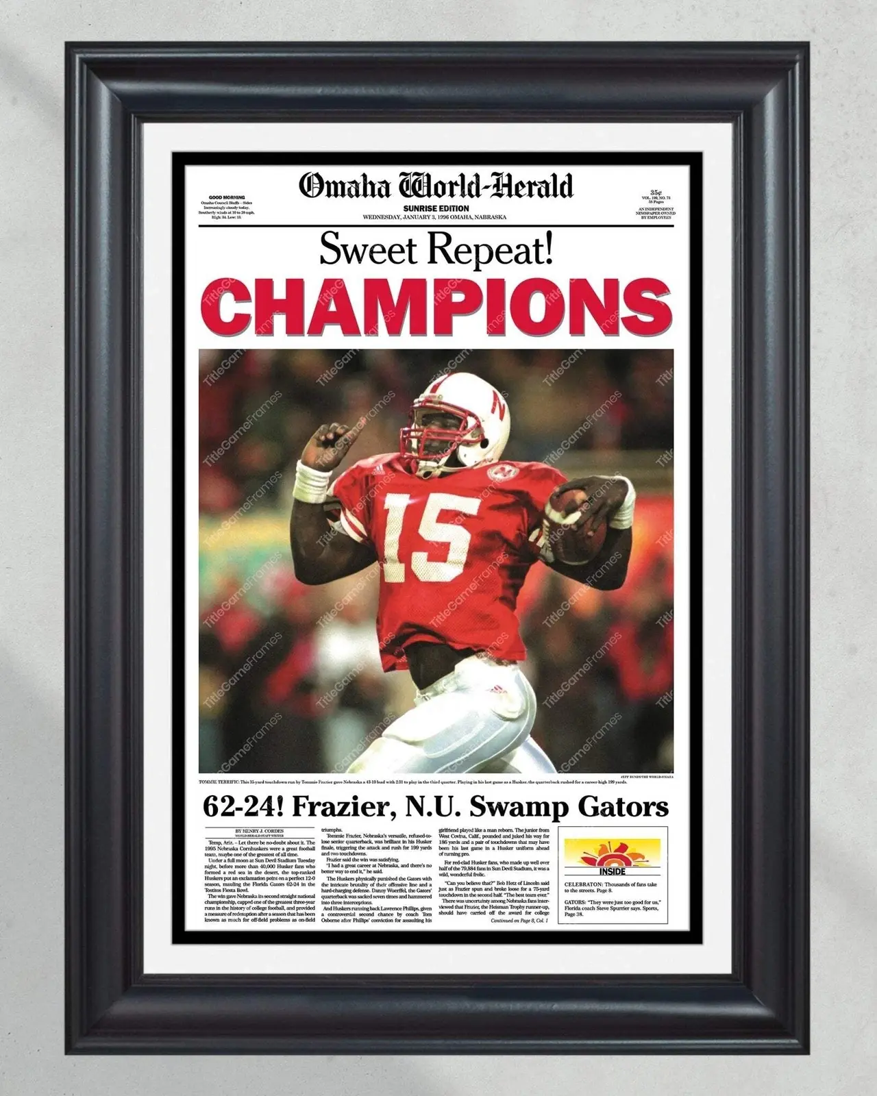 1995 Nebraska Cornhuskers NCAA College Football National Champions UnFramed Front