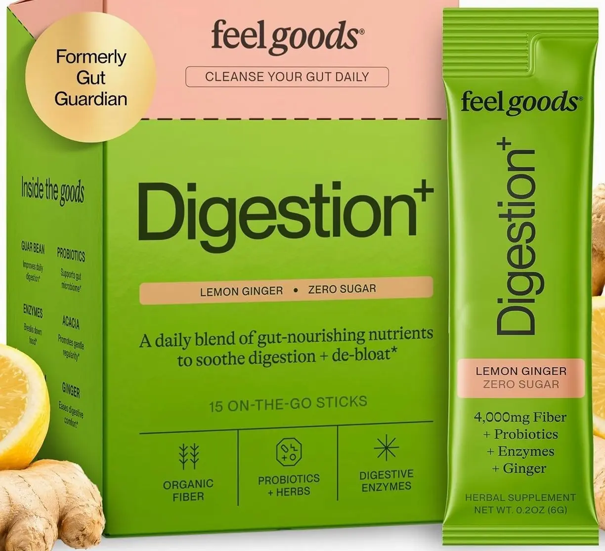 Feel Goods Gut Guardian, Digestive Health Powder Drink Mix - Probiotic Fiber Powder with Prebiotics & L Glutamine for Gut Health, Bloating Relief & Digestion Support - Zero Sugar & Organic Flavor