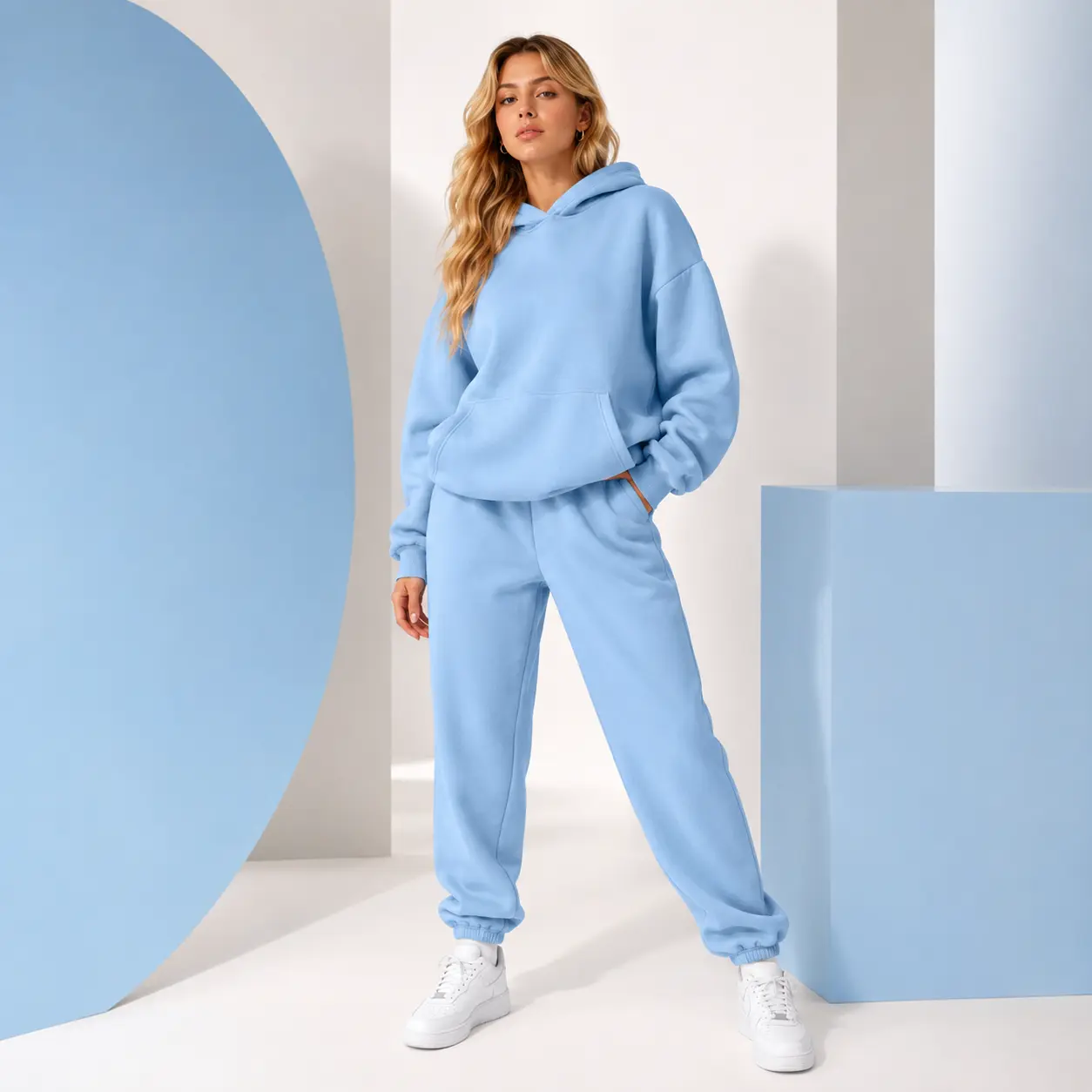 Women's Loose-Fit 2-Piece Matching Pair Tracksuit - Unisex Oversized Long Sleeve Tops & Sweatpants, Casual Lounge Jogger Outfit with Kangaroo Pocket, Grey/Blue