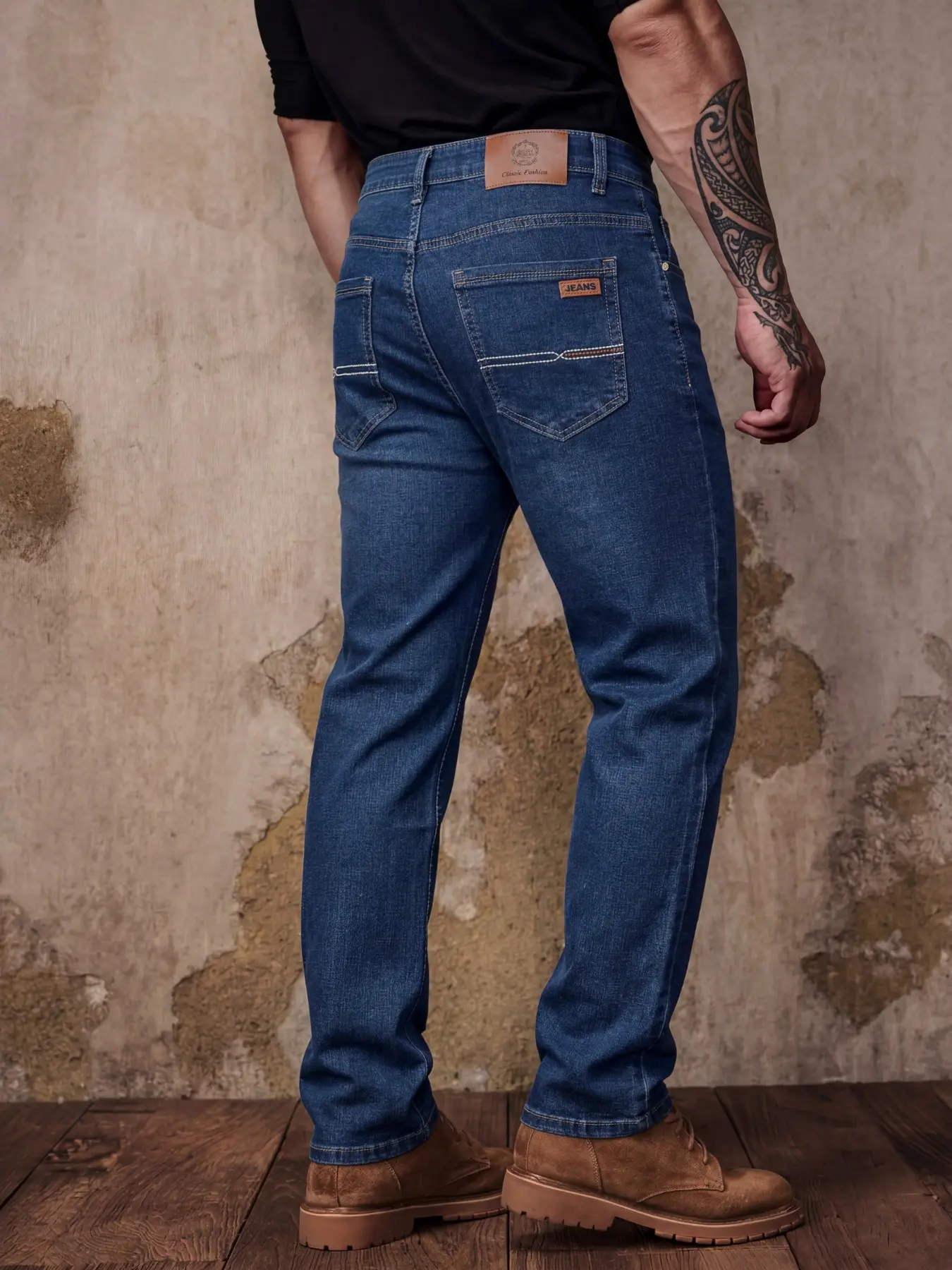 Men's Blue Slim Fit Mid Waist Straight Casual Plain Denim Jeans, Fashion Casual Denim, all-season basic style Streetwear, features classic five-pocket design with leather patch, suitable for urban casual and smart-casual commutes
