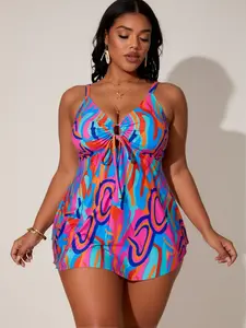2026 Plus Size Abstract Print Tankini Swim Dress, V Neck Tie Front Cutout Tummy Control Bathing Suit with Built-in Briefs, Modest Curvy Swimwear for Beach Vacation
