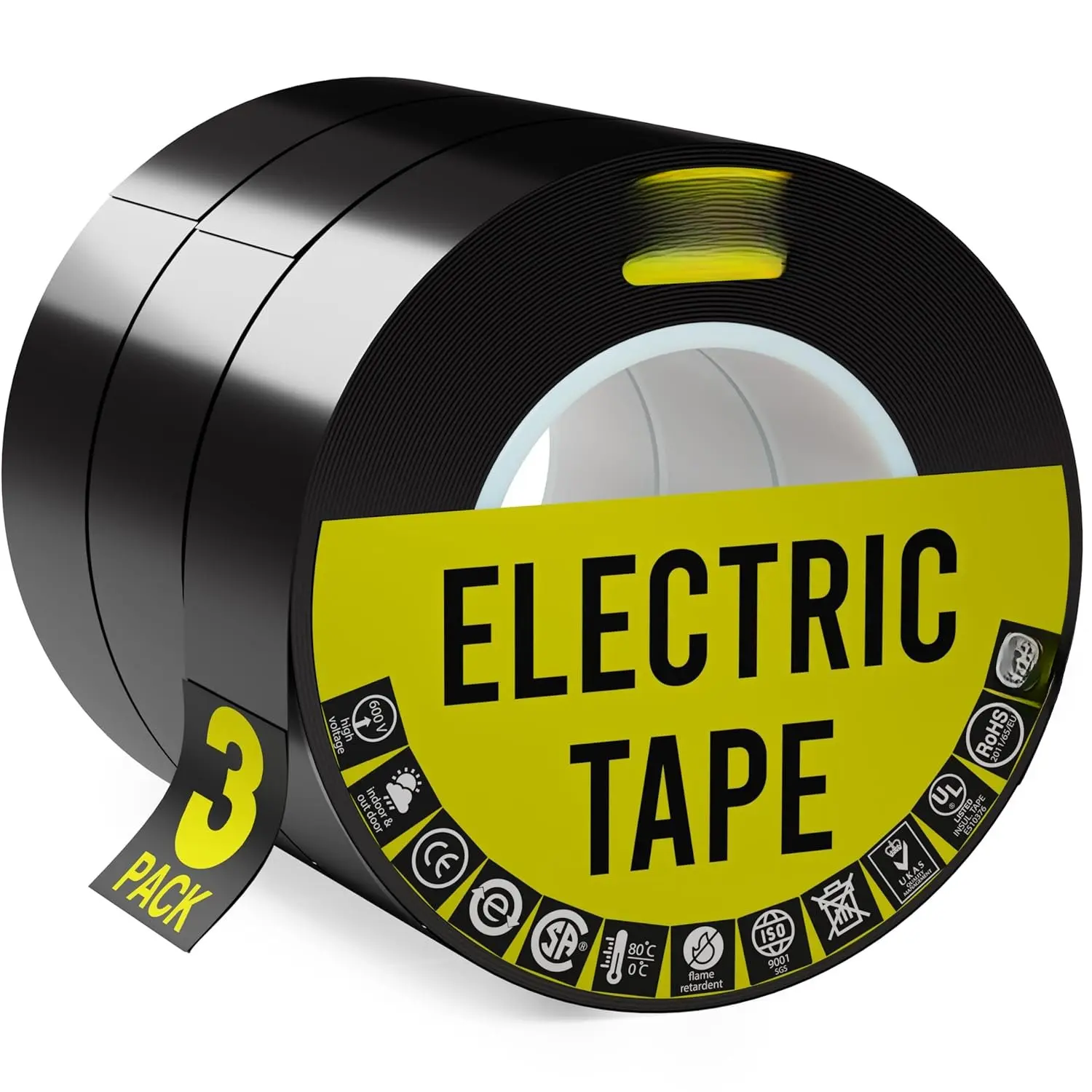 3 Pack Extra Long Vinyl Electrical Tape Rolls  Flame Heat & Weather Resistant Indoor Outdoor High-Temperature Super Electric Wire Tapes Professional Grade 3/4 in x 66 FT 7 Mil E Tape
