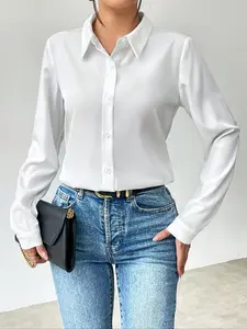 Women's Lapel Collared Long Sleeve Shirt Blouses, Simple Basic Commuter Single Button Drape Slim Fit Career Top, Elegant Office Wear