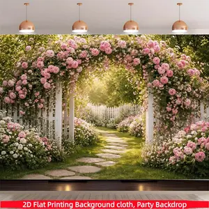 1PC Romantic garden rose arch background cloth, Photo wall banner, themed photography background, made of polyester material, suitable for photo booths, parties, weddings, birthdays, indoor and outdoor decoration