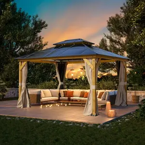 11'x13' Hardtop Gazebo, Wood Frame with Polycarbonate Double Roof, Netting & Curtains for Decks, Backyards & Lawns
