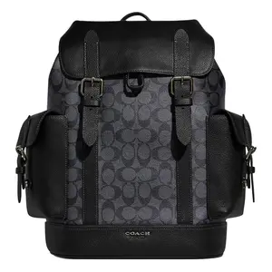 COACH Hudson 30 Classic Monogram Flip-Top Drawstring Backpack – Men’s Large Natural Pebbled Leather and Canvas Bag in Black and Yellow