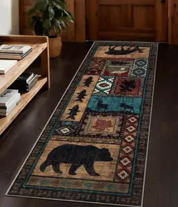 Runner Rug 1.65x11.55 Indoor Door Mat - Bear Rustic Cabin Non-Slip Entryway Rug, Low Pile Tribal Print for Kitchen, Bedroom