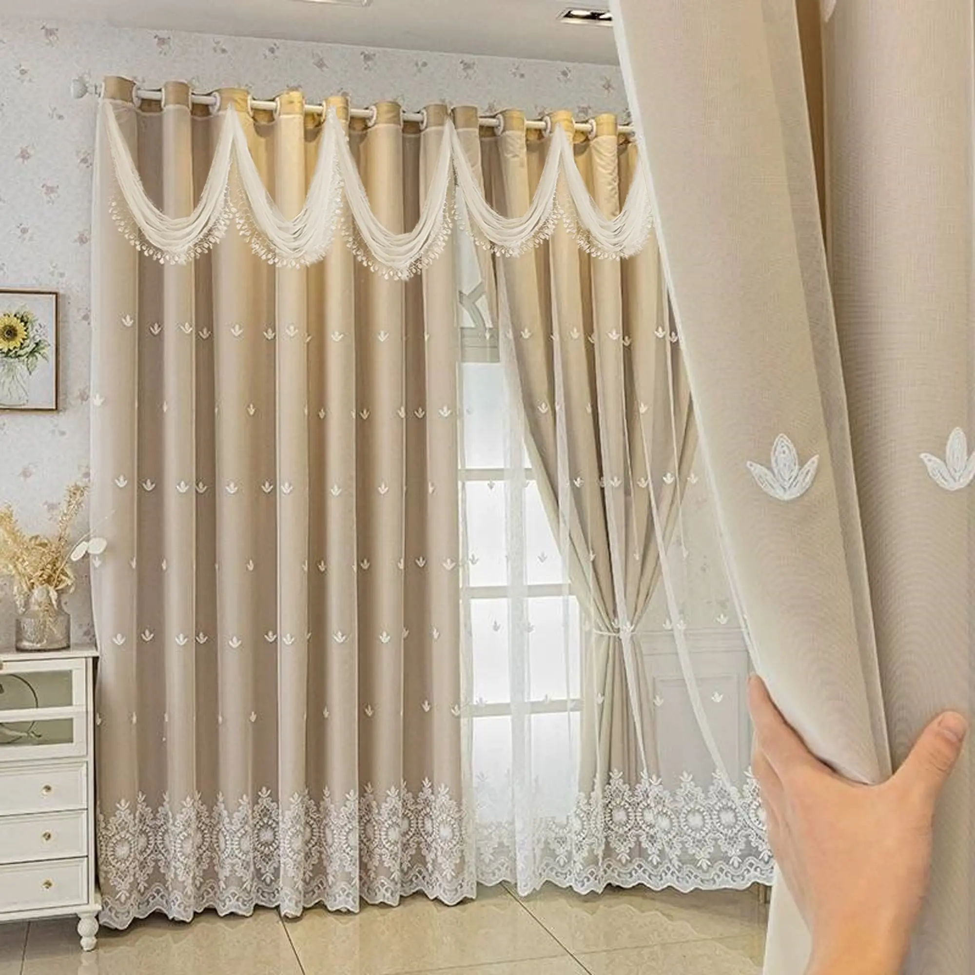 Romantic European Embroidered 100% Blackout Curtain, Wave Hem Design, UV Protection, Ideal for Living Room Bedroom Office Balcony Home Decor, Blackout Window Cover