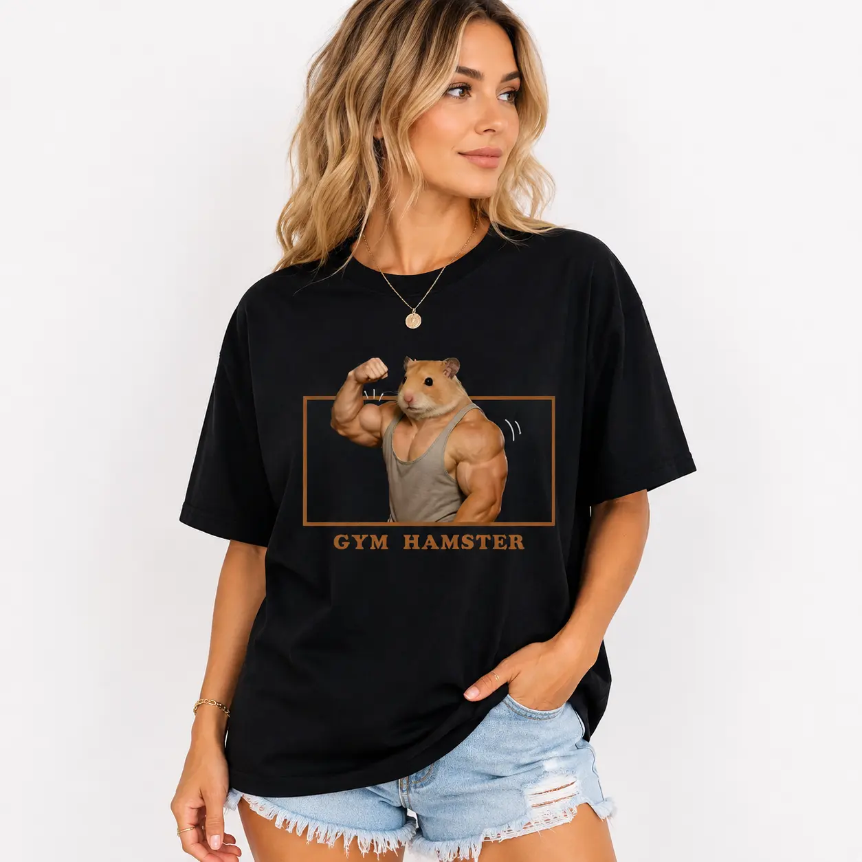 Women's Black Round Neck Cotton Shortsleeve Oversized T-Shirt - Cute Gym Hamster Graphic, Loose Casual Daily Tee, Unisex for Men