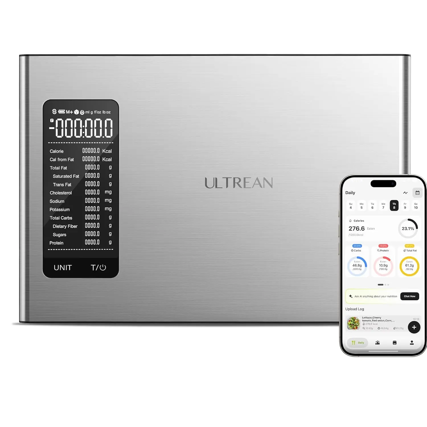 Smart Food Kitchen Scale with Nutritional Calculator, APP for Calorie & Macro Tracking, AI Powered, Goal Progress, Digital Calorie Scale for Weight Loss, Stainless Steel, 22lb
