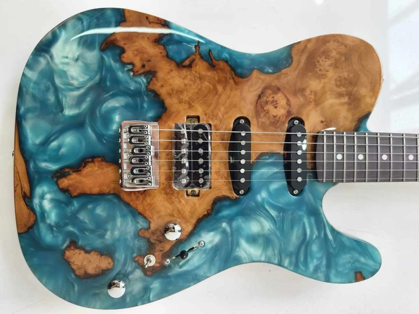 BADASS T High-Quality Instrument Electric Guitar - Resin Wood-Grain Veneer, Carbonized Maple Neck, SS Frets, Rosewood Components, 8mm Resin+Burl Top, Cherry Accents, Mahogany Details, Tuner, Guitar Pick