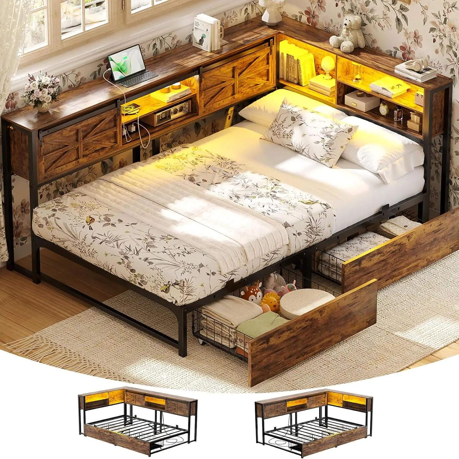 iSunirm Twin Corner Day Bed - Metal-Steel-Wood Framed Bedroom Furniture, Reversible Sturdy Design with Storage Drawers, Bookcase Headboard, LED Light, Outlet, USB Port for Living Room, Guest Room, A Day Bed