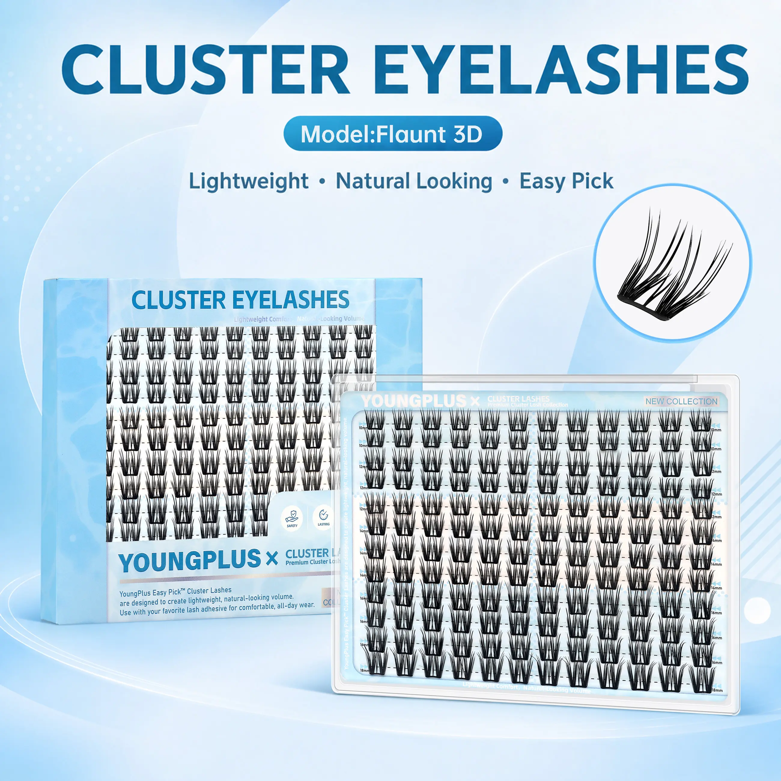 YOUNGPLUS Y01 Flaunt 3D Cluster Lashes, 10–18mm Mixed Length Wispy Lash Clusters, Lightweight DIY False Eyelashes with Easy-Pick Base