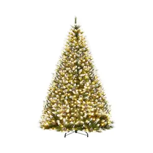 9 ft Pre-Decorated Artificial Christmas Tree Prelit, Partially Flocked Design Xmas Tree with 1738 Branch Tips, 900 LED Lights, Pinecones & Metal Stand for Christmas Decorations Magical
