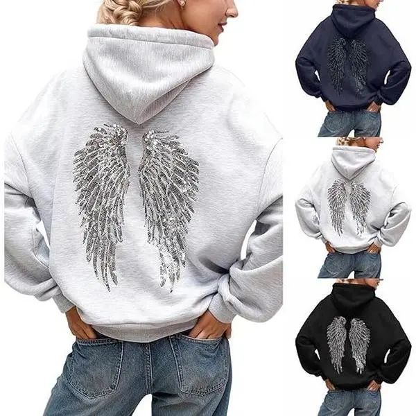 Y2K Retro Sequin Angel Wings Hoodie 2026 New Harajuku Sweet Lady Casual Streetwear Oversized Shining Wings Sequin Sweatshirt Unisex Gothic Shinny Sequin Hoodies for Daily Wear Work Party Outfits Sporty Ladies Women