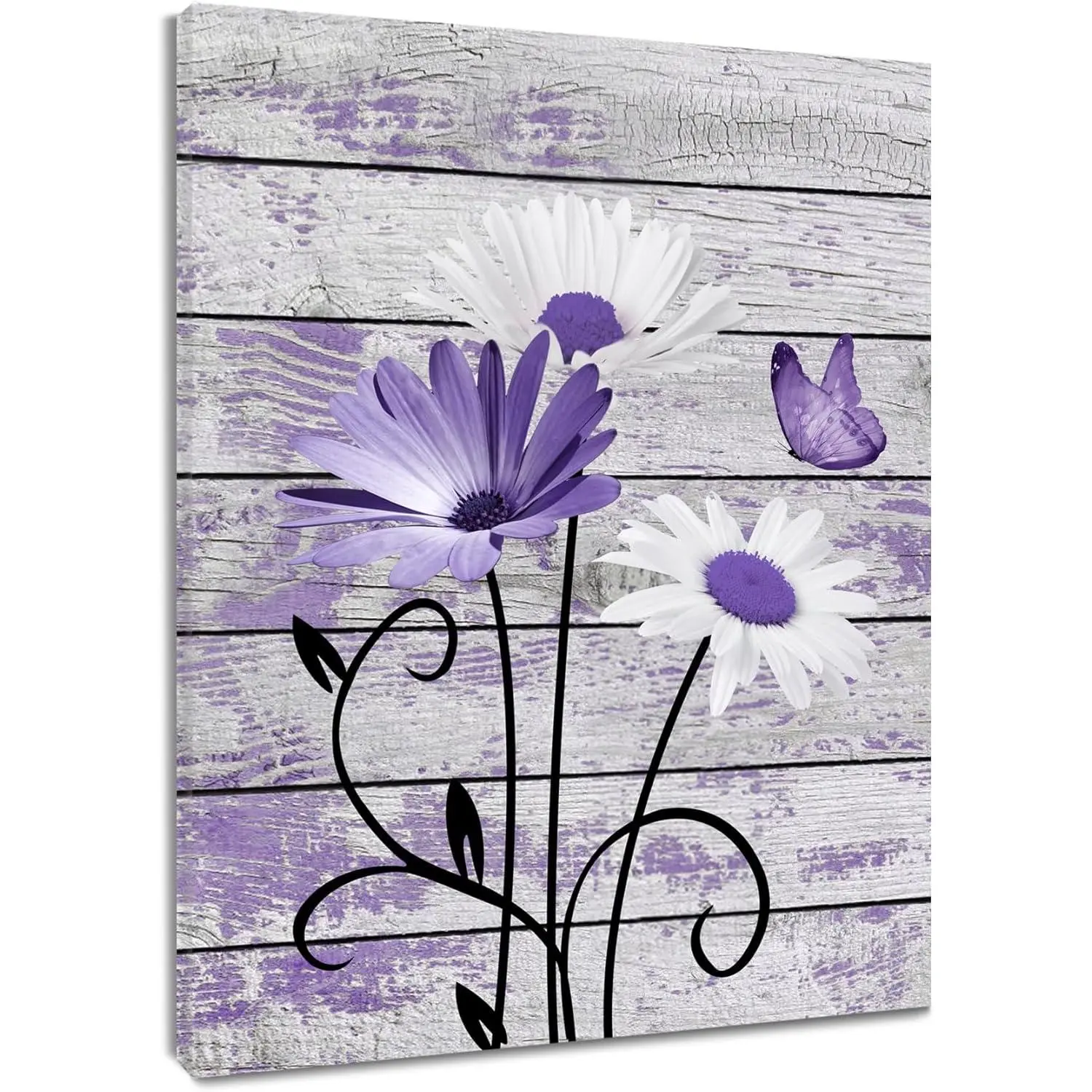 Framed Farmhouse Purple & White Daisy Butterfly Canvas Print - 1pc Durable Pre-Hung Frame Rustic Wood Board Aesthetic Wall Decoration, Butterfly Decoration Prints for Living Room, Bathroom, Home Inspo, Nature Art
