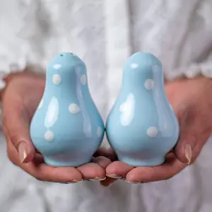 Ceramic Salt and Pepper Shakers Set, Salt Shaker, Salt and Pepper Set, Farmhouse Kitchen Counter Decor for Home Restaurants Wedding, Handcrafted Sky, Baby Blue Polka Dot Spice Shakers