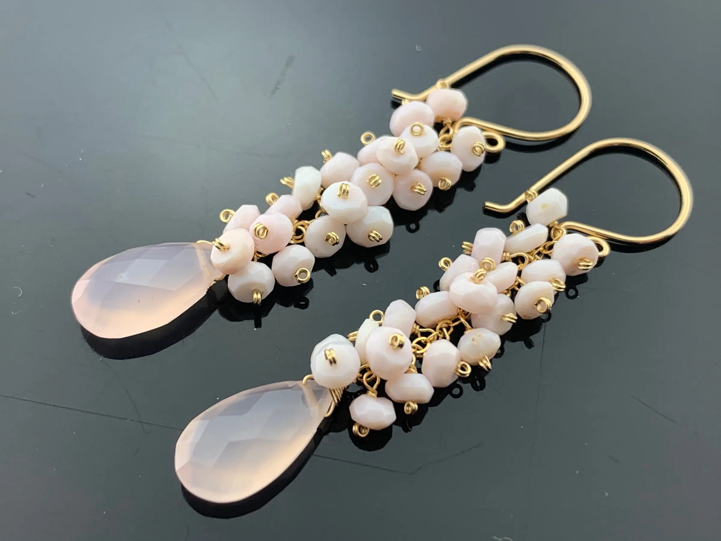 Long Pink Chalcedony & Pink Opal Cluster Earrings · 14K Gold Filled · Dangle Earrings · Handmade Gemstone Jewelry · Gift for Her