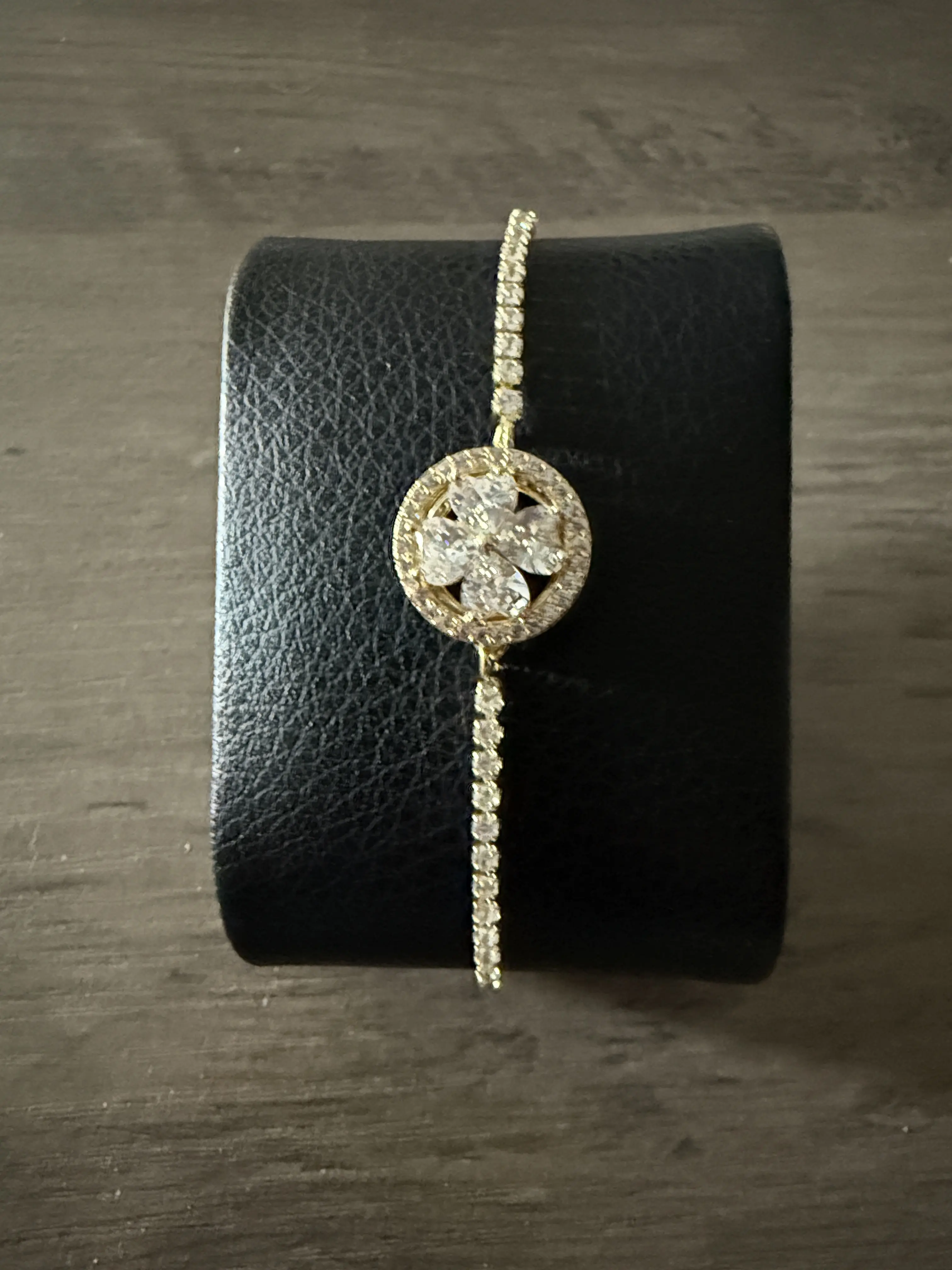 Gold Plated Over Stainless Steel Crystal Tennis Adjustable Spinning bracelet Clover Medallion