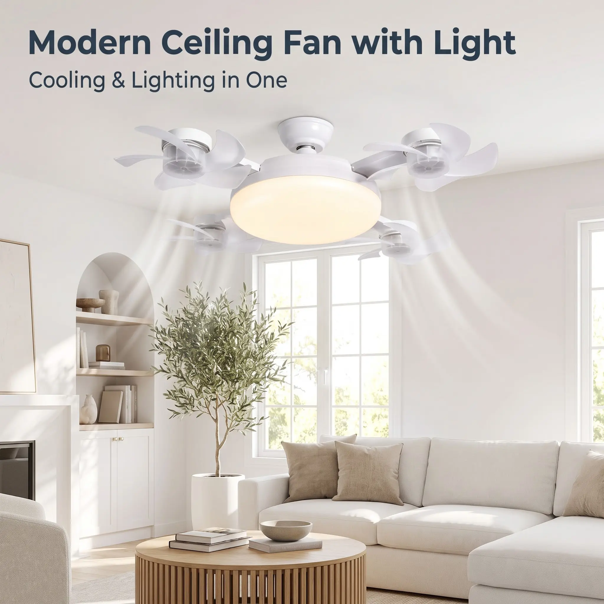 E27 Screw-in Ceiling Fan Lamp with Light and Remote Controller, 3 Adjustable Speeds, 3-Color Stepless Dimmable LED, Ultra-Silent Energy-Efficient Motor, Foldable Blades for Bedroom, Indoor Recreation (Fan for Bedroom)