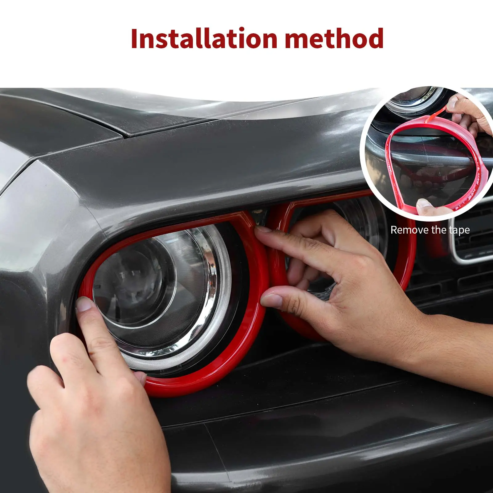 4-Piece ABS Front Headlight Lamp Cover Trim Bezels for 2015+ Dodge Challenger, Custom UV-Resistant Polyurethane Gloss Coating, Laser-Cut Car Exterior Accessory, Scratch-Resistant, Easy DIY Installation with Double-Sided Adhesive Sticker, Auto