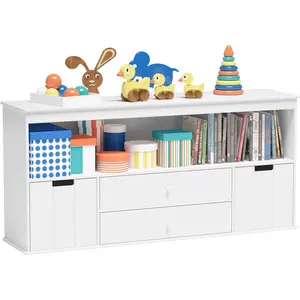 51.9" Toy Storage Organizer with 2 Drawers, Wooden Toy Organizer Bins, Kids Bookshelf for Reading, Storing, Playing, White