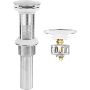 Pop Up Bathroom Sink Drain Stopper for Sink Without Overflow, Drain Assembly with Detachable Strainer Basket, Built-in Anti-Clogging, Brushed Nickel Stainless Steel Nut