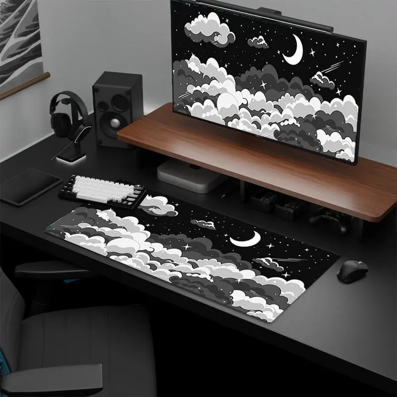 1. Oversized Dark Night Sky Cloud Mousepad, Cute Moon Star Landscape Extended Gaming Desk Mat, Non‑Slip Table Mat for Laptop Workstation