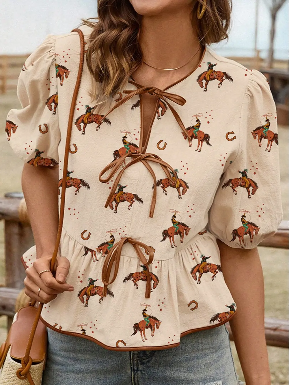 Women's Apricot Cowboy Print Puff-Sleeve Bowknot Peplum Blouses, Casual Everyday Western-Vibe Tops for Women, Cute Pure-Cotton Flowy Shirts, Relaxed Square-Neck Pullovers, Chic Boho Apparel
