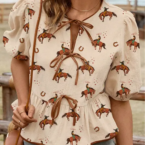 Women's Apricot Western Cowboy Print Puff-Sleeve Bowknot Peplum Blouse - Pure-Cotton Square-Neck Flowy Shortsleeve Pullover, Cute Tops for Women, Boho Clothes, Western Clothing, Boho Clothes For Women