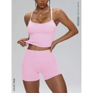 Naked-Feel Fabric For Gym/Streetwear, Sculpting Bra With Removable Pads+Booty-Lifting Shorts,   Women's Crisscross Back Sports Bra + High-Waist Shorts, Set 2 Pieces Set Women layered  workout  set