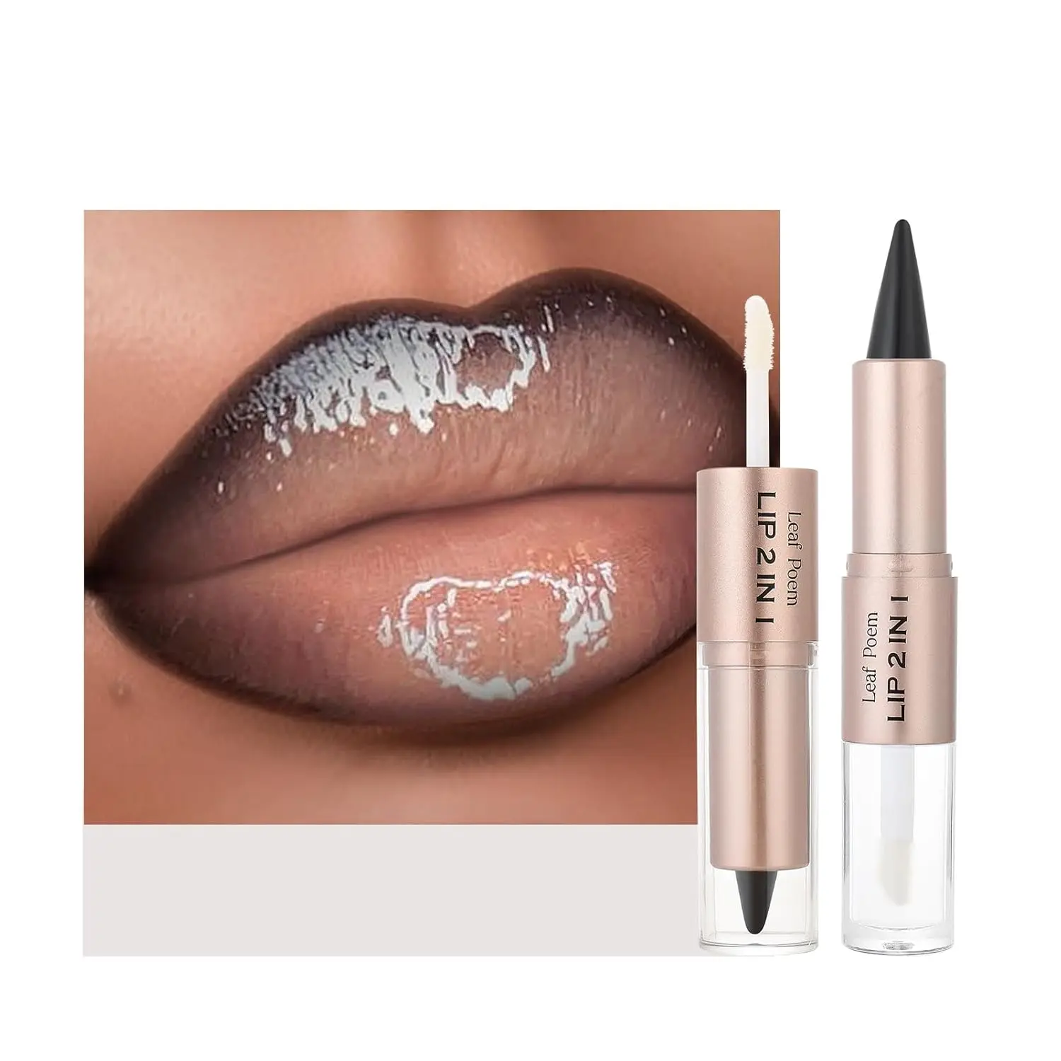 2-in-1 Double-Ended Matte Lip Liner & Lip Gloss Duo, Cool Nude Brown Ombre Lip Combo Pencil, Lip Liner and Lipstick Gloss Set for Defined & Fuller Looking Lips, #01 Cool Nude Brown Lip Makeup Set Waterproof