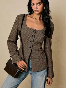 Women's Plaid Notched Lapel Buttoned Blazer Jacket, Womenswear, Vintage College Style, Casual, Slim Waist, Fit, Low Profile Luxury, Custom Made, Office Wear