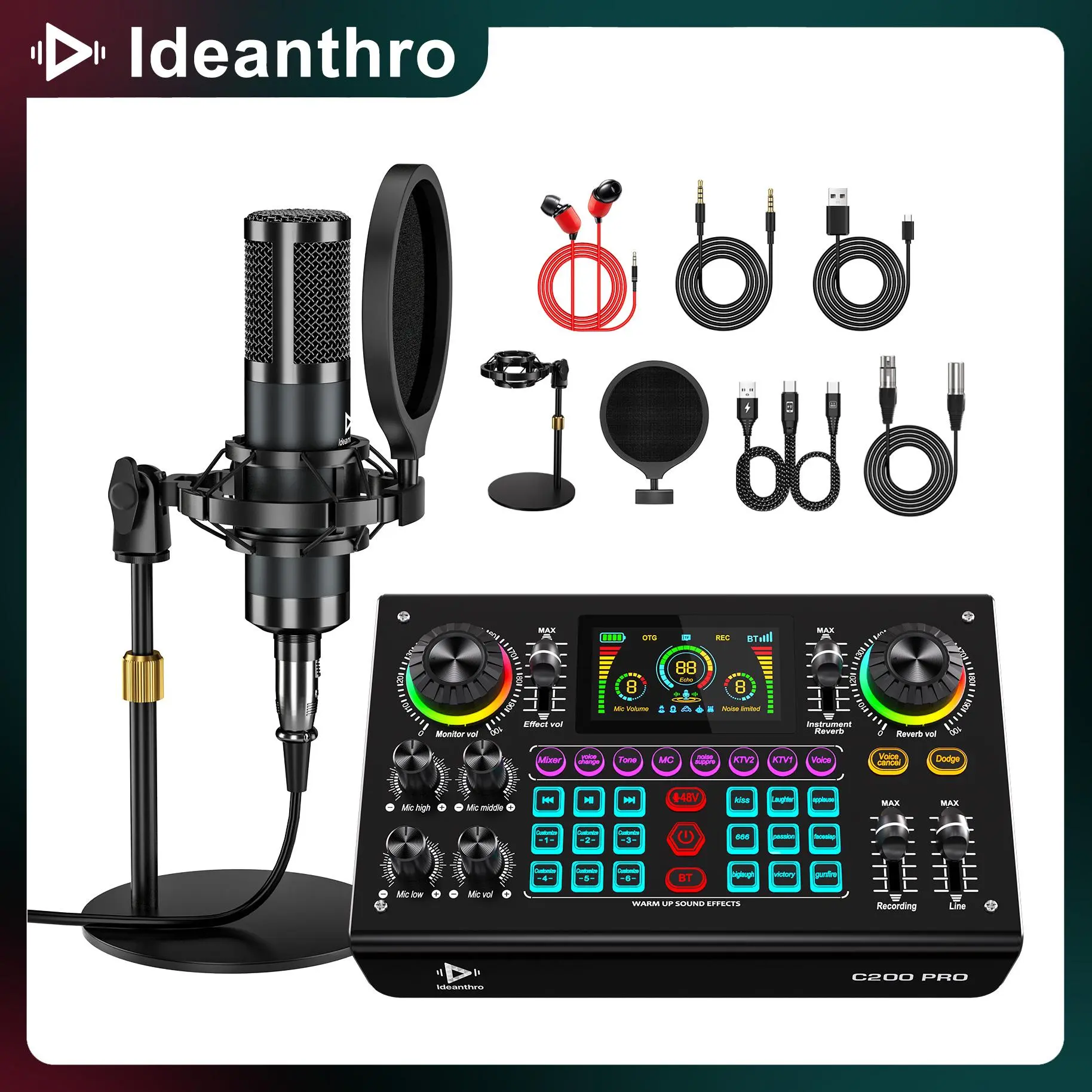 Ideanthro C200 PRO-P15 Sound Card Kit Dual-core DSP Audio Mixer with Dual Microphone & Headphone Connectivity Adjustable Tone Voice Changer for PCs & Mobile Devices