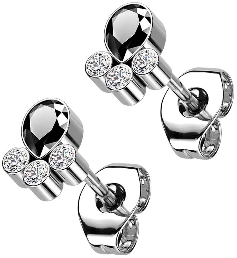 Black Teardrop Cluster CZ Titanium Threadless Earrings