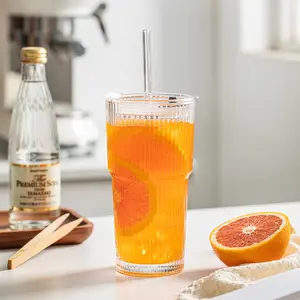 18oz 4-Pack Ribbed clear Glass Tumbler with Lid & Straw, Thickened Cup for Iced Coffee Smoothie Cocktail Juice