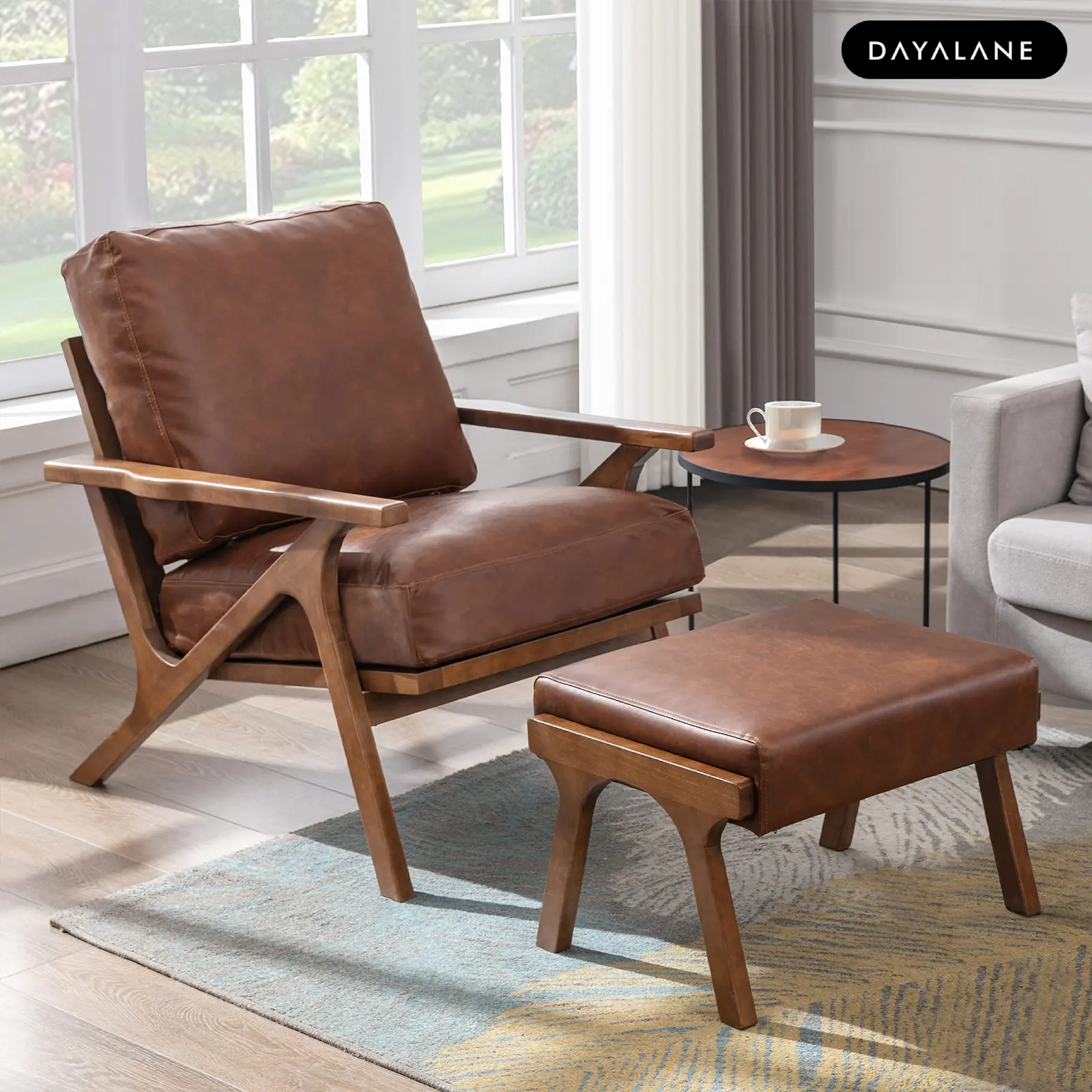 [BackToSchool]DAYALANE Modern Accent Chair with Ottoman Set, Faux Leather Upholstered Lounge Chair for Living Room & Bedroom, Pu Leather, Contemporary