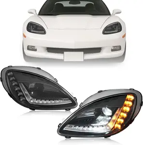 HECASA Projector Headlight Pair Compatible with 2005-2013 Chevy Chevrolet Corvette C6 W/Module & HID Bulbs L Type LED Tube Front Light Lamp Plastic Clear Lens+Black Housing