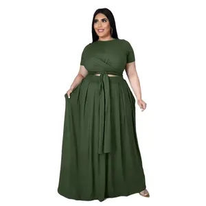Acelyn Outifits Womens Plus Size 2 Piece Dress Outfits Short Sleeve Bandage Wrap Empire Crop Tops and Skirt Sets