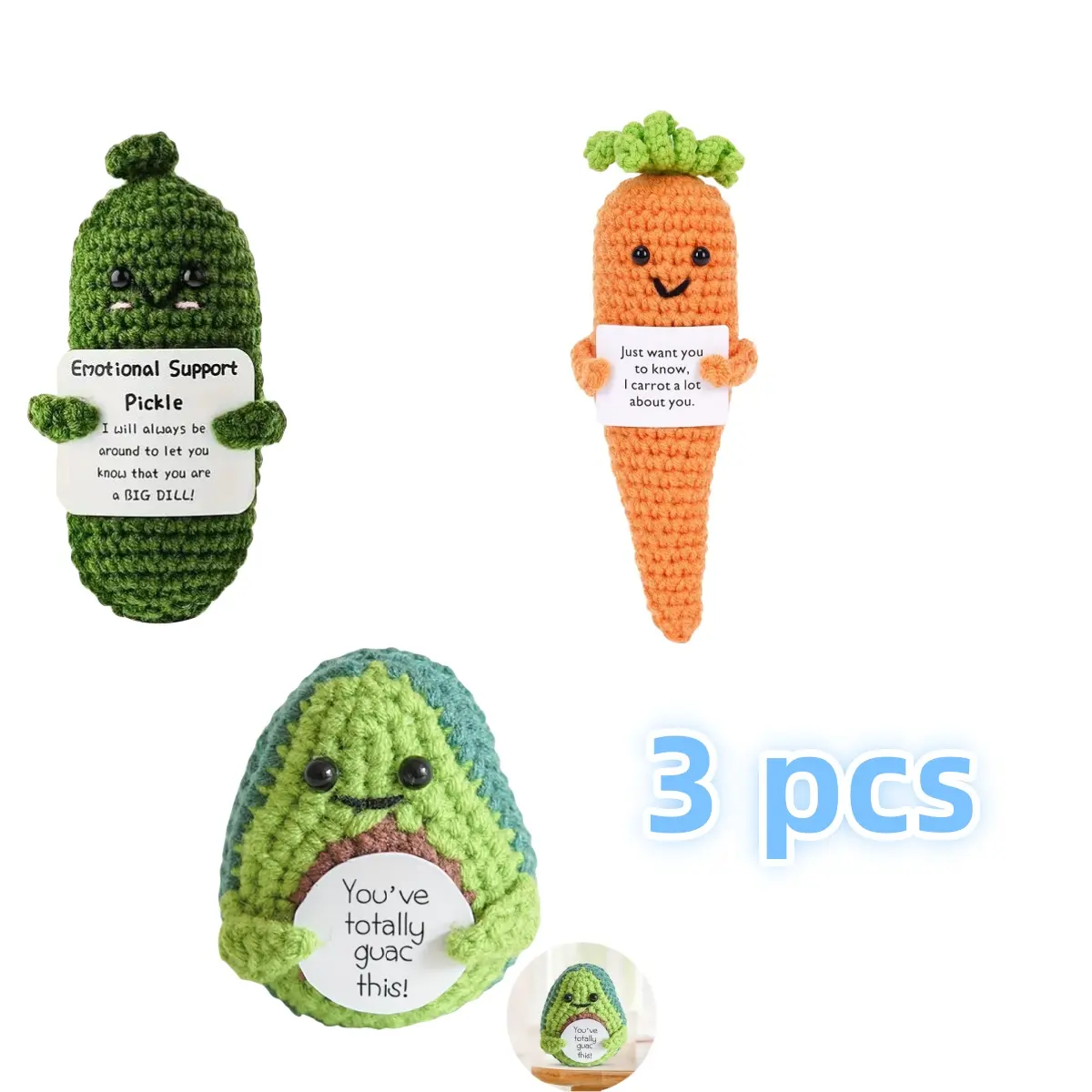 3 Pcs Crocheted  Doll Crochet Vegetable Handcrafted with Greeting Card Emotional Support Positive Life Knitting Stress Relief Doll