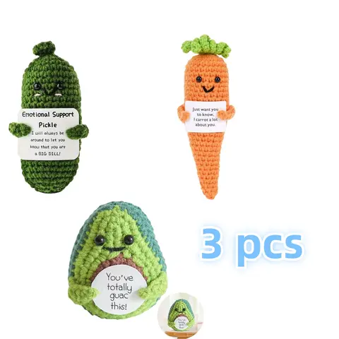 3 Pcs Crocheted Doll Crochet Vegetable Handcrafted with Greeting Card Emotional Support Positive Life Knitting Stress Relief Doll