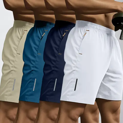 JOGWAVE Men’s 4-Piece Fit Men’s Active Summer Casual Gym Shorts Set - Polyester, Quick Dry, Breathable, Comfortable Fabric, Drawstring, Zip Pockets - For Running, Fitness - Color Options: Black+Dark Blue+Dark Gray+White, White+Dark Blue+Lake Blue+Khaki, F